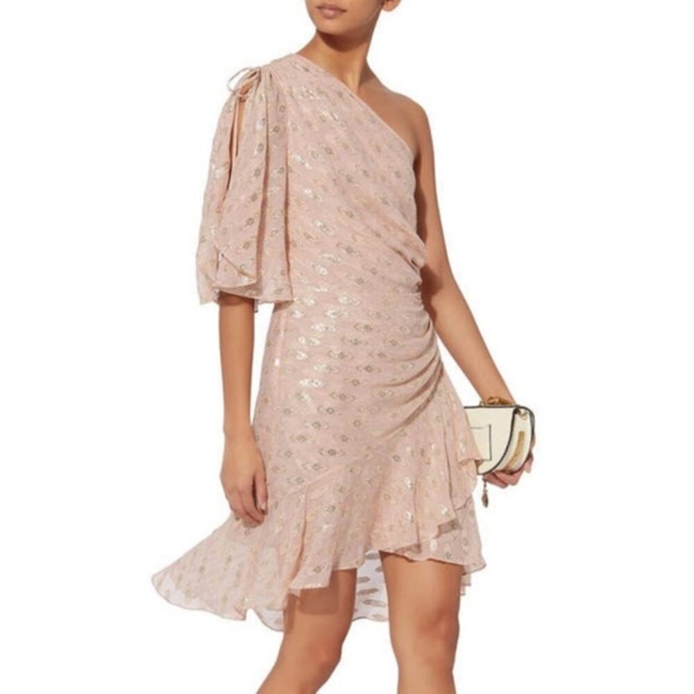 A.L.C. Misha Dress Intermix Exclusive one shoulder ruffle pink gold silk size 4